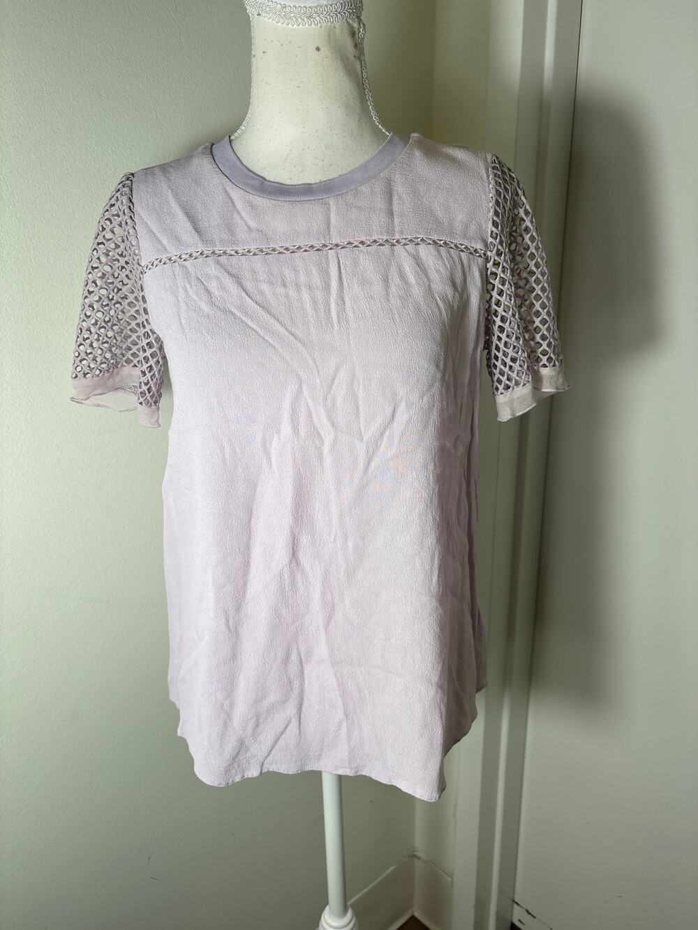 Rebecca Taylor Lavender Short Mesh Sleeve Crew Neck Shirt Sz 4